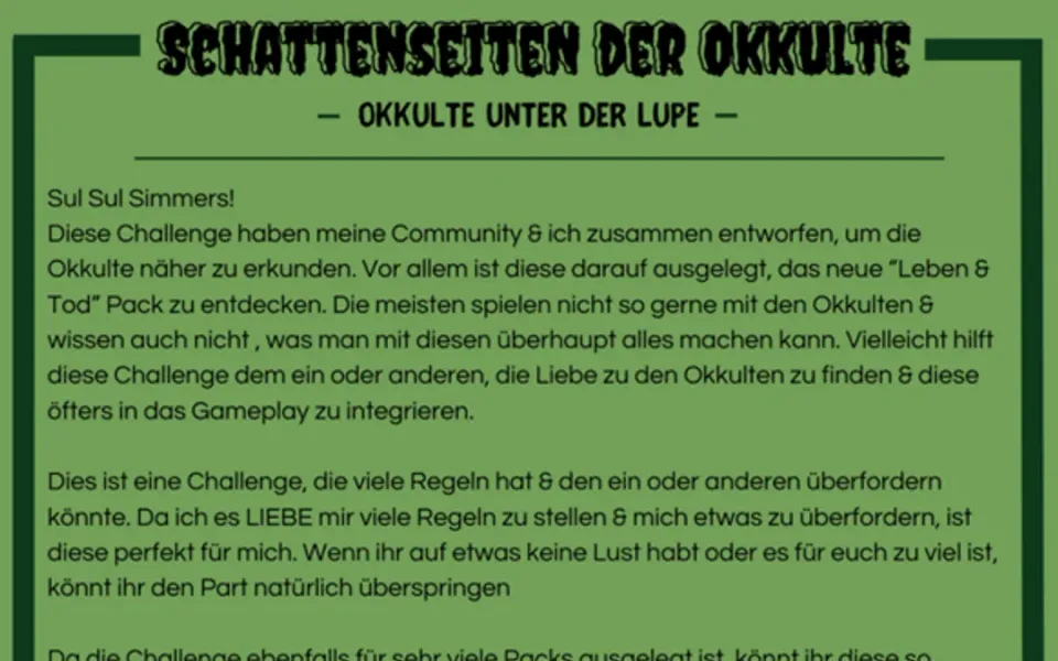 Titelgrafik der Sims 4 Legacy Challenge Dramatic Okkult